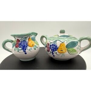 Solimene Vietri Italy Ceramic Cream and Sugar Set Hand Painted Fruit Motif